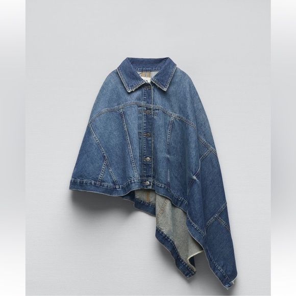 Zara ASYMMETRICAL DENIM CAPE NWT Limited Edition Size Medium Bloggers Favorite - Picture 7 of 13